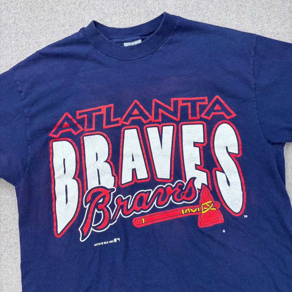 VTG 90s Atlanta Braves T Shirt Artex Sportswear Sz M Blue USA Single Stitch FLAW